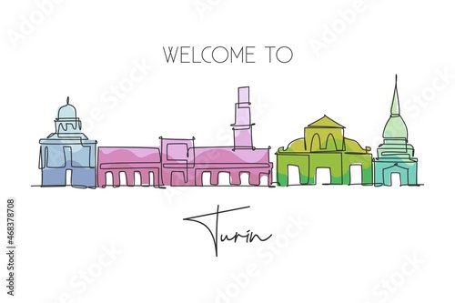 One continuous line drawing of Turin city skyline, Italy. Beautiful skyscraper. World landscape tourism travel vacation concept wall decor poster. Stylish single line draw design vector illustration photo