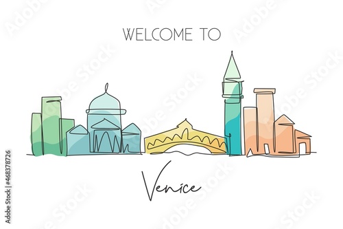 Single continuous line drawing of Venice city skyline, Italy. Famous skyscraper landscape postcard. World travel home wall decor poster print concept. Modern one line draw design vector illustration