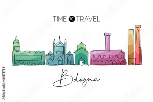 One single line drawing of Bologna city skyline, Italy. Historical skyscraper landscape in world. Best holiday destination wall decor poster art. Trendy continuous line draw design vector illustration