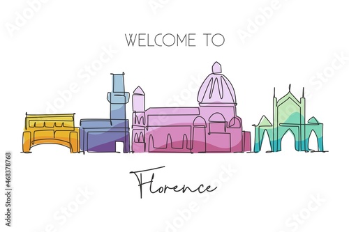 One single line drawing of Florence city skyline, Italy. Historical skyscraper landscape in world. Best holiday destination wall decor poster. Trendy continuous line draw design vector illustration