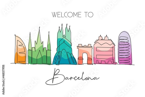 One single line drawing of Barcelona city skyline, Spain. Historical skyscraper landscape in world postcard. Best holiday destination wall decor poster. Continuous line draw design vector illustration