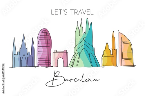 One continuous line drawing of Barcelona city skyline, Spain. Beautiful skyscraper. World landscape tourism travel vacation wall decor poster print. Stylish single line draw design vector illustration