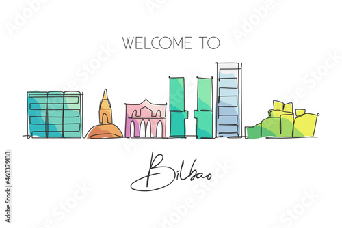 Single continuous line drawing of Bilbao city skyline, France. Famous skyscraper landscape postcard. World travel home wall decor poster print concept. Modern one line draw design vector illustration