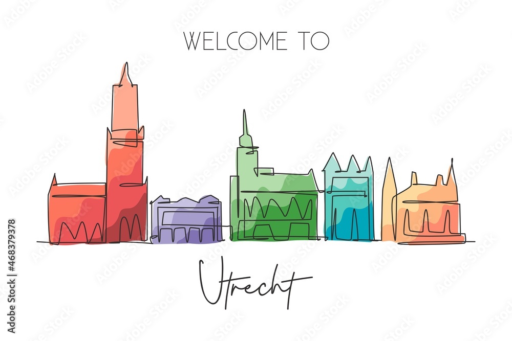 One single line drawing of Utrecht city skyline,Netherlands. Historical landscape in world postcard. Best holiday destination wall decor poster. Trendy continuous line draw design vector illustration
