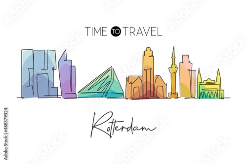 One continuous line drawing of Rotterdam city skyline, Netherlands. Beautiful skyscraper. World landscape tourism travel vacation wall decor poster. Stylish single line draw design vector illustration