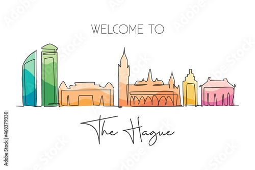 Single continuous line drawing of The Hague city skyline, Netherlands. Famous skyscraper landscape postcard. World travel wall decor poster art concept. Modern one line draw design vector illustration