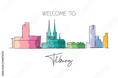 One single line drawing Tilburg city skyline Netherlands. Historical landscape in world postcard. Best holiday destination wall decor poster art. Trendy continuous line draw design vector illustration