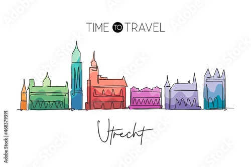 One continuous line drawing of Utrecht city skyline, Netherlands. Beautiful skyscraper. World landscape tourism travel vacation wall decor poster. Stylish single line draw design vector illustration