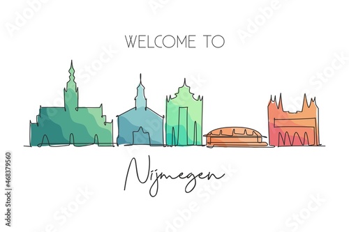 Single continuous line drawing of Nijmegen city skyline, Netherlands. Famous skyscraper and landscape postcard. World travel wall decor poster concept. Modern one line draw design vector illustration