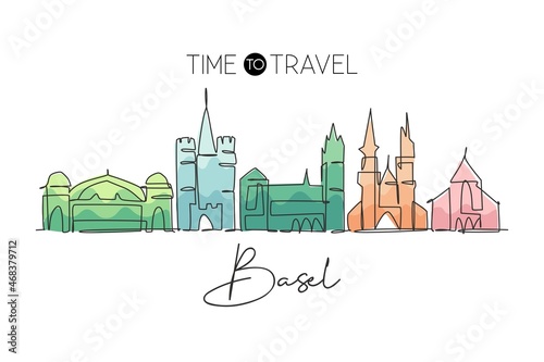 Single continuous line drawing of Basel city skyline Switzerland. Famous skyscraper landscape postcard. World travel wall decor poster concept. Editable modern one line draw design vector illustration