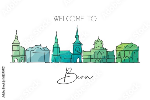 One continuous line drawing of Bern city skyline, Switzerland. Beautiful city skyscraper postcard. World landscape tourism travel wall decor poster. Stylish single line draw design vector illustration