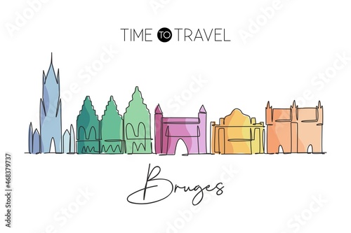 One continuous line drawing of Bruges city skyline, Belgium. Beautiful city skyscraper postcard. World landscape tourism travel wall decor poster. Stylish single line draw design vector illustration