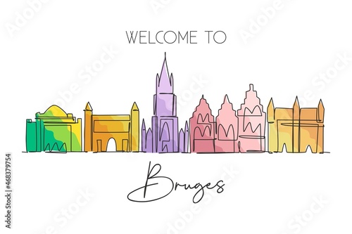 Single continuous line drawing of Bruges city skyline, Belgium. Famous skyscraper landscape. World travel home wall decor poster print concept. Editable modern one line draw design vector illustration