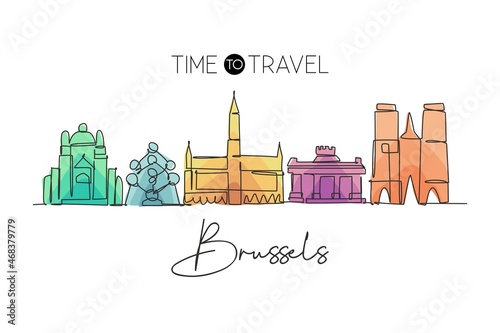 Single continuous line drawing of Brussels city skyline, Belgium. Famous skyscraper landscape postcard. World travel home decor wall art poster concept. Modern one line draw design vector illustration