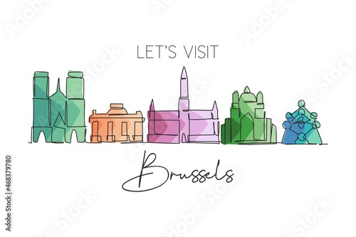 One continuous line drawing of Brussels city skyline, Belgium. Beautiful skyscraper. World landscape tourism travel home wall decor poster print. Editable single line draw design vector illustration