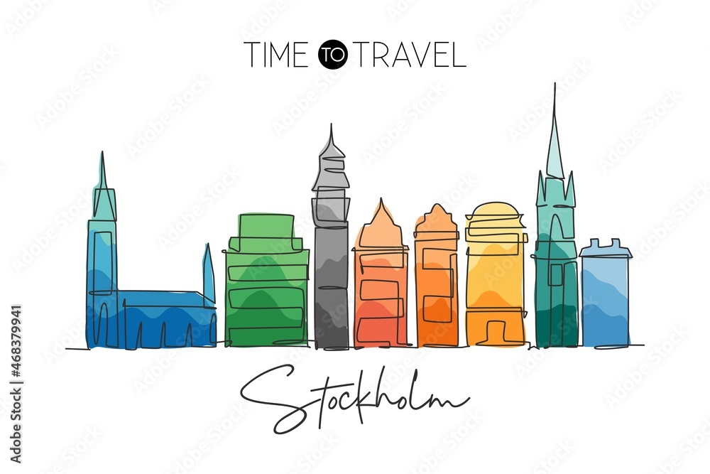 One single line drawing of Stockholm city skyline, Sweden. Historical town landscape in the world. Best holiday destination. Editable stroke trendy art continuous line draw design vector illustration