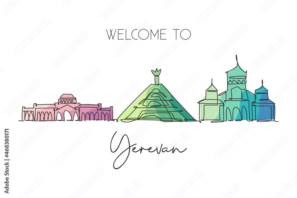 Naklejka premium One continuous line drawing of Yerevan city skyline, Armenia. Beautiful landmark. World landscape tourism travel vacation poster. Editable stylish stroke single line draw design vector illustration