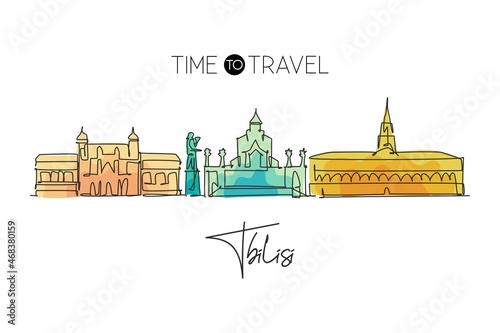 Single continuous line drawing of Tbilisi city skyline, Georgia. Famous city scraper and landscape. World travel concept home wall decor poster print. Modern one line draw design vector illustration