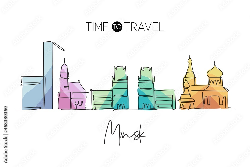 Obraz premium One single line drawing of Minsk city skyline, Belarus. Historical town landscape in world. Best holiday destination wall decor. Editable stroke trendy continuous line draw design vector illustration