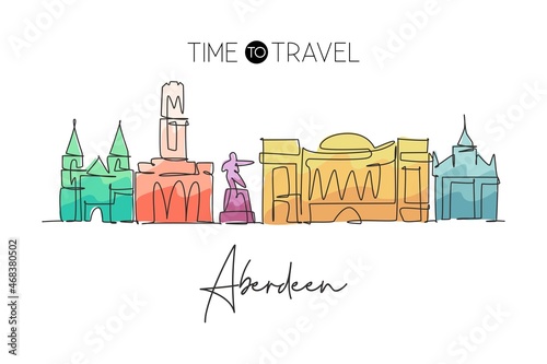 Single continuous line drawing of Aberdeen city skyline, Scotland. Famous city scraper and landscape. World travel concept wall decor poster print art. Modern one line draw design vector illustration