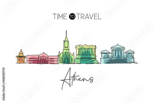 One continuous line drawing of Athens city skyline, Greece. Beautiful landmark. World landscape tourism travel vacation poster art. Editable stylish stroke single line draw design vector illustration