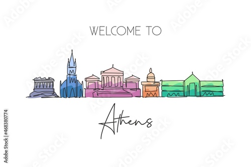 Single continuous line drawing of Athens city skyline, Greece. Famous city scraper landscape. World travel concept home wall decor poster print art. Modern one line draw design vector illustration