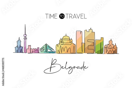 One single line drawing of Belgrade city skyline Serbia. Historical town landscape in the world. Best holiday destination poster. Editable stroke trendy continuous line draw design vector illustration photo