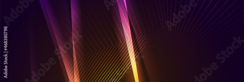 Orange violet glowing curved lines technology minimal background. Vector banner design