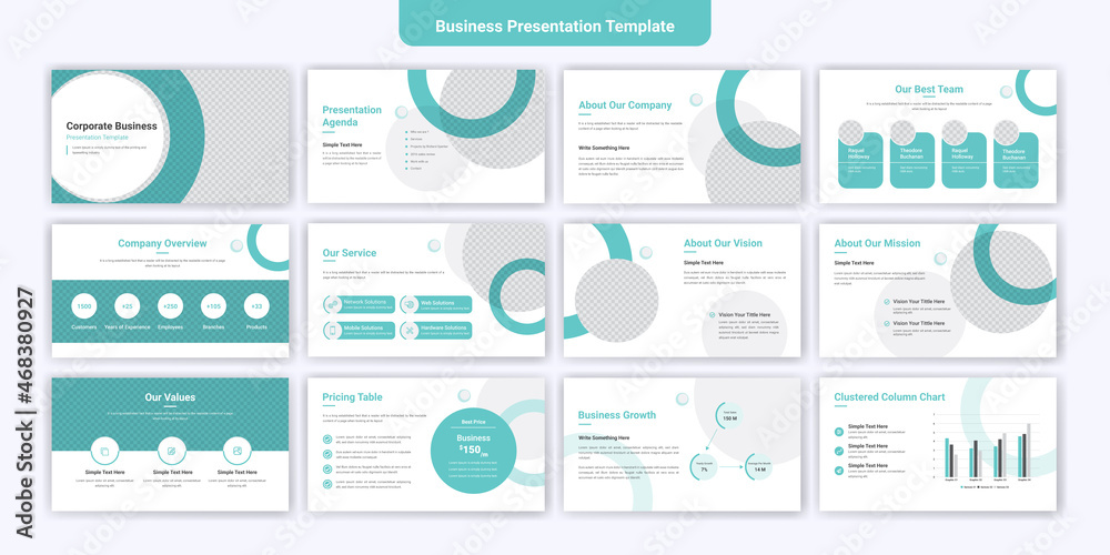 Corporate business powerpoint presentation slides template design. Use for modern keynote presentation background, brochure design, landing page, annual report, company profile. - obrazy, fototapety, plakaty 