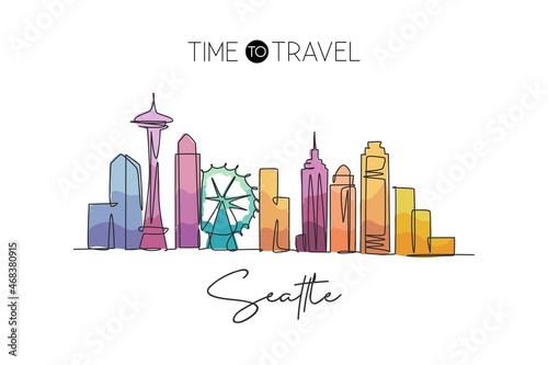 One continuous line drawing of Seattle city skyline, United States. Beautiful landmark. World landscape tourism and travel vacation. Editable stylish stroke single line draw design vector illustration