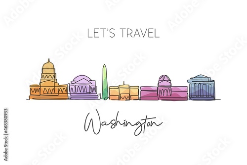 Single continuous line drawing of Washington city skyline, USA. Famous city scraper landscape. World travel concept home wall decor poster print art. Modern one line draw design vector illustration
