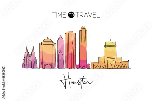 Single continuous line drawing of Houston city skyline, USA. Famous city scraper and landscape. World travel concept home wall decor poster print art. Modern one line draw design vector illustration