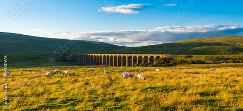 Ribblehead viaduct in Yorkshire at sunset photo