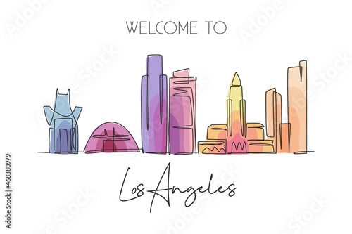 One continuous line drawing of Los Angeles city skyline, United States of America. Beautiful landmark. World travel vacation poster. Editable stylish stroke single line draw design vector illustration
