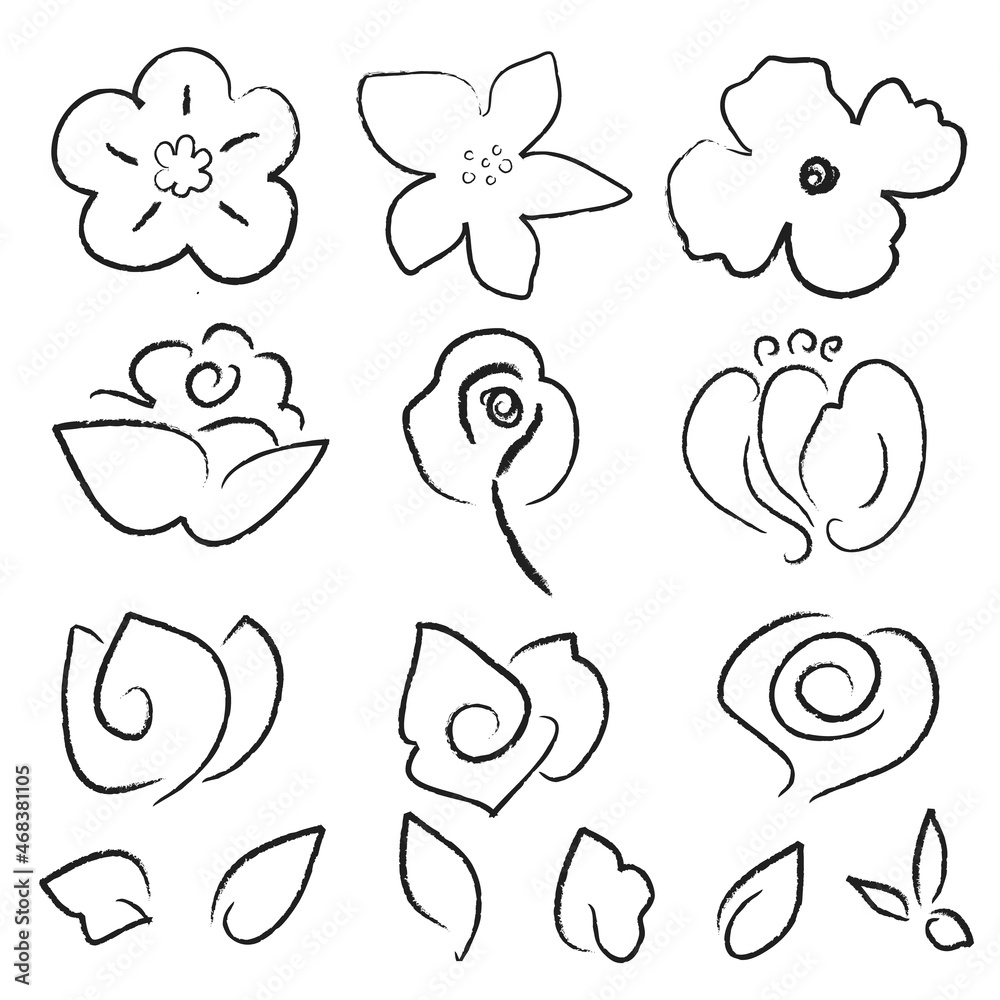 Hand drawn black flowers and leaves set Hand drawn black flowers and leaves set