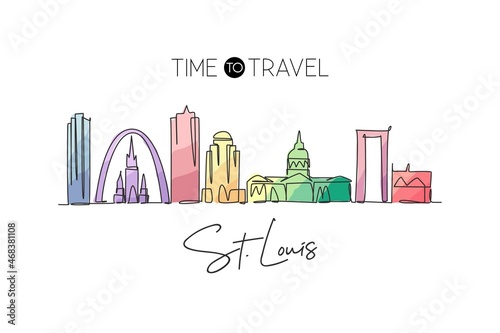 One continuous line drawing of St. Louis city skyline, USA. Beautiful landmark. World landscape tourism travel vacation wall decor art poster print. Stylish single line draw design vector illustration