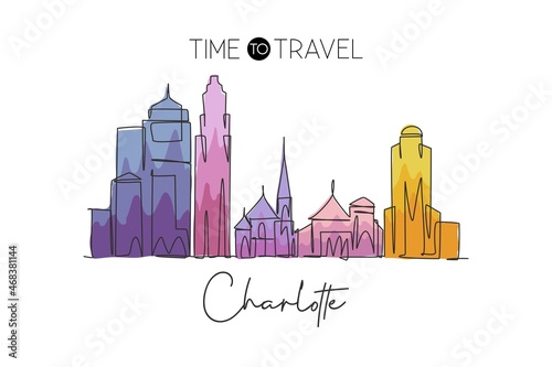 Single continuous line drawing of Charlotte city skyline, USA. Famous city scraper and landscape. World travel concept home wall decor poster print art. Modern one line draw design vector illustration