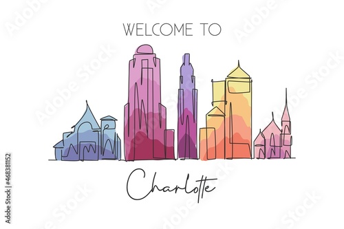 One continuous line drawing Charlotte city skyline United State. Beautiful landmark. World landscape tourism travel vacation poster. Editable stylish stroke single line draw design vector illustration