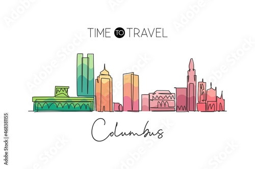 Single continuous line drawing of Columbus city skyline, USA. Famous city scraper and landscape. World travel concept home wall decor poster art print. Modern one line draw design vector illustration