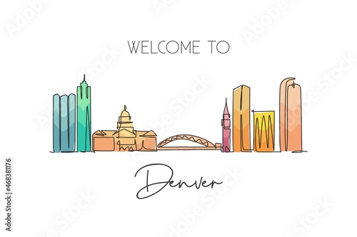 Single continuous line drawing of Denver city skyline, USA. Famous city scraper and landscape. World travel concept home decor wall art poster print. Modern one line draw design vector illustration