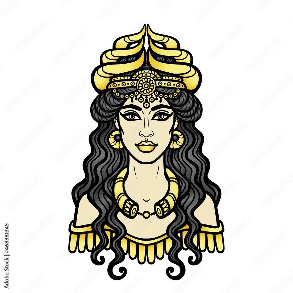 Cartoon drawing: beautiful woman in a horned crown, a character in Assyrian mythology. Ishtar, Astarta, Inanna. Vector illustration isolated on a black background. Cartoon drawing: beautiful woman in a horned crown, a character in Assyrian mythology. Ishtar, Astarta, Inanna. Vector illustration isolated on a black background.