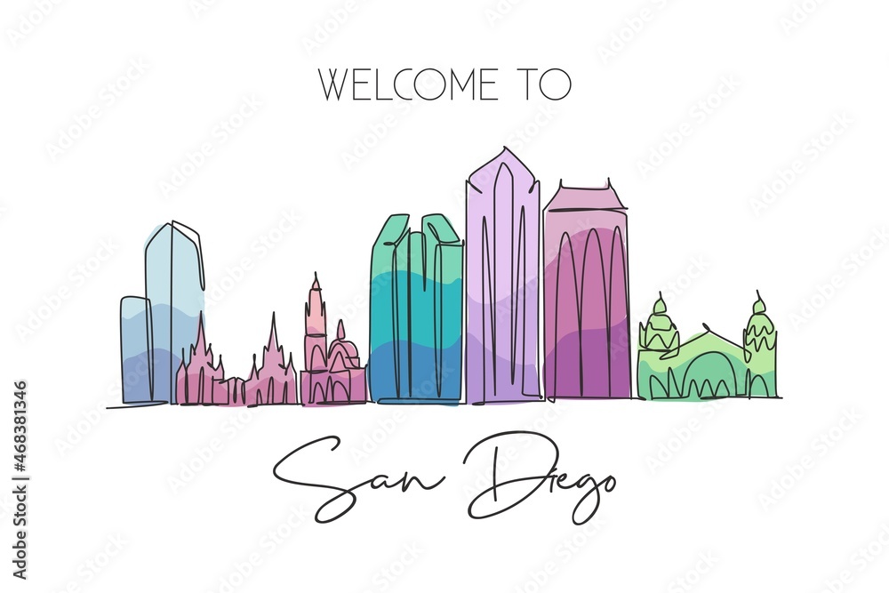 Single continuous line drawing of San Diego city skyline, USA. Famous city scraper and landscape. World travel concept home wall decor poster print art. Modern one line draw design vector illustration