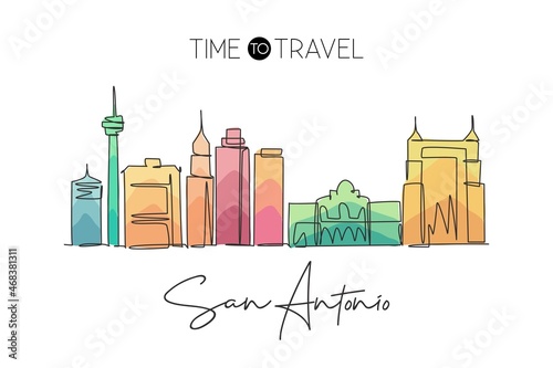 Single continuous line drawing of San Antonio city skyline, United States of America. Famous landscape. World travel concept wall decor poster print. Modern one line draw design vector illustration photo