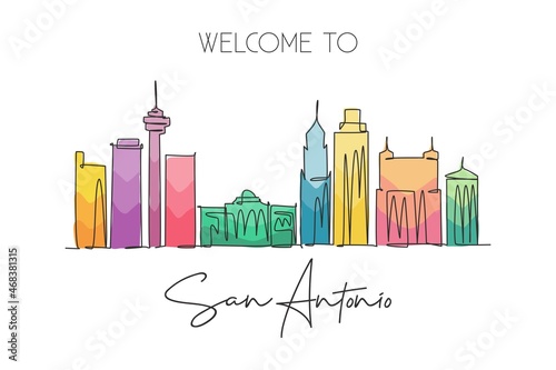 One continuous line drawing of San Antonio city skyline, USA. Beautiful landmark. World landscape tourism travel vacation poster. Editable stylish stroke single line draw design vector illustration
