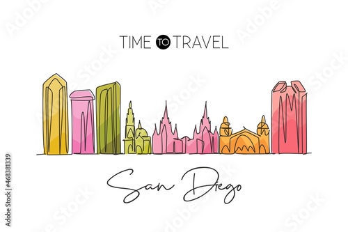 One single line drawing of San Diego city skyline, United States. Historical landscape in world. Best holiday destination poster. Editable stroke trendy continuous line draw design vector illustration