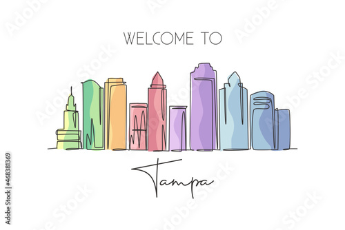Single continuous line drawing of Tampa city skyline, USA. Famous city scraper and landscape. World travel concept home wall decor poster print art. Modern one line draw design vector illustration