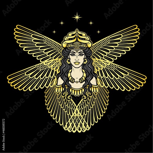 Tablou pe pânză Cartoon drawing: beautiful winged woman in a horned crown, a character in Assyrian mythology