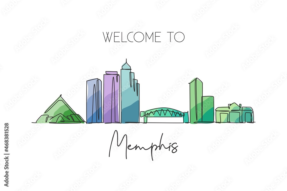 Single continuous line drawing of Memphis city skyline, USA. Famous city scraper and landscape. World travel concept home wall decor poster print art. Modern one line draw design vector illustration
