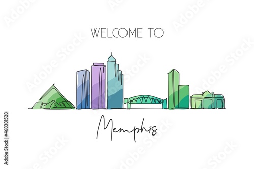 Single continuous line drawing of Memphis city skyline, USA. Famous city scraper and landscape. World travel concept home wall decor poster print art. Modern one line draw design vector illustration