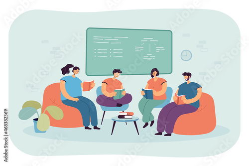 Students of college or university reading books in classroom. Group of people sitting together in chairs at class board with information flat vector illustration. Club of readers, education concept